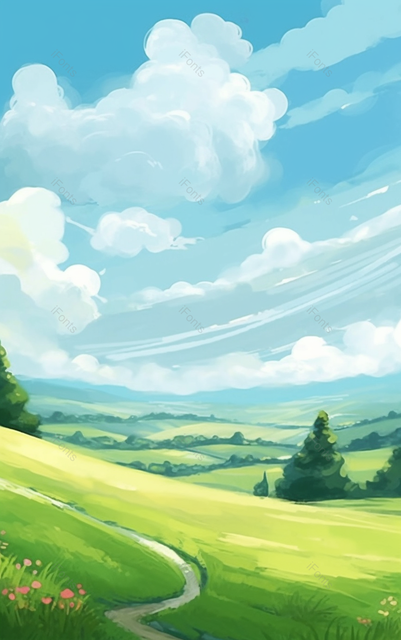 夏季的山坡上草地碧绿白云朵朵乡间小路自然户外插图,插画/手绘图,插画/手绘图库,插画/手绘图下载,插画/手绘